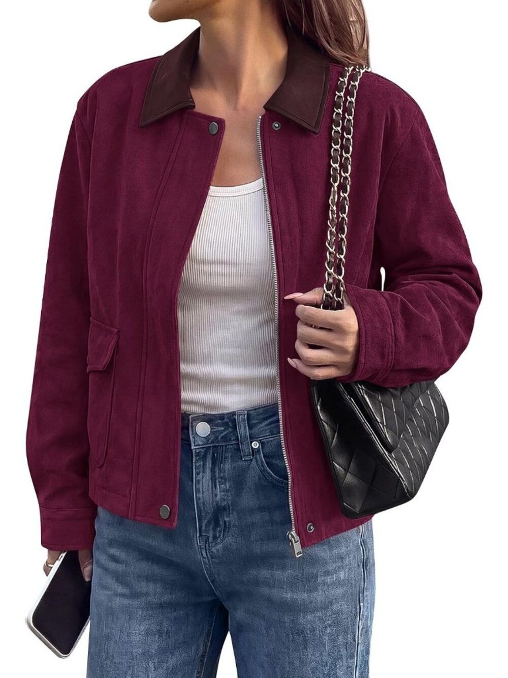 Women's Burgundy Long Sleeve Faux Suede Lapel ZIP Up Fall Coat Moto Jacket
